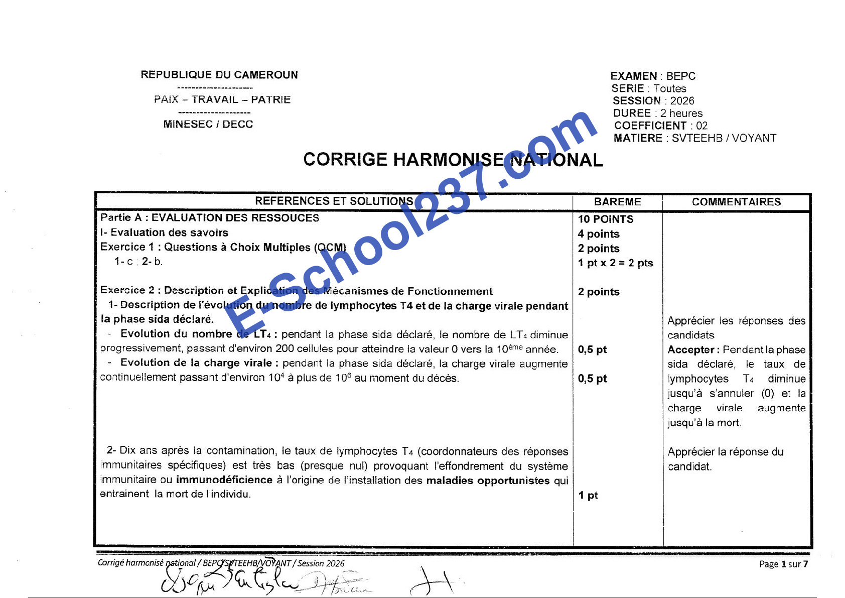 Corrigé Harmonisé National SVT BEPC 2026